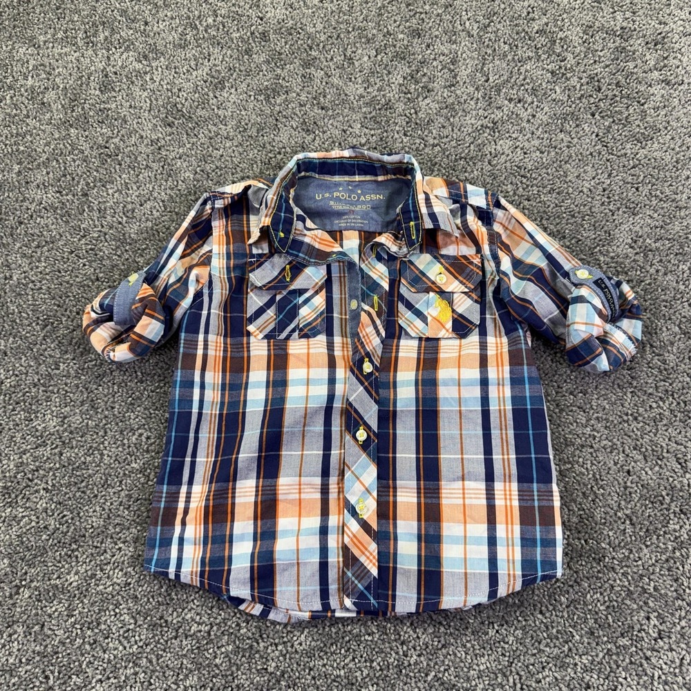U.S. Polo Assn Shirt Boys 4T Blue Plaid Long Sleeve Button Up Pockets Casual